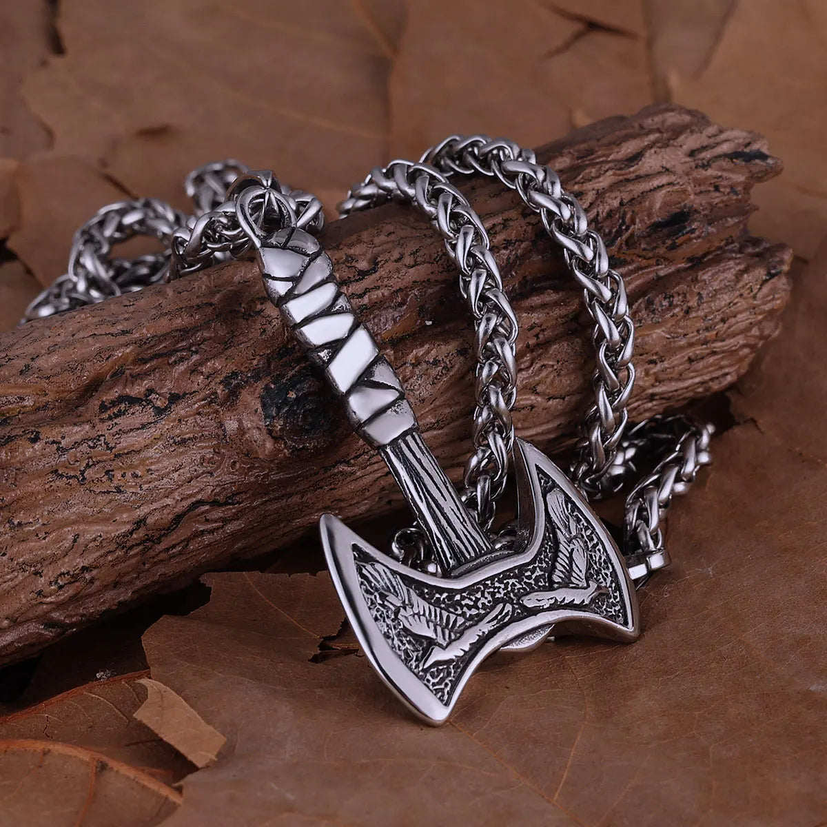 Stainless Steel Vikings Axe Necklace Mixed Gold Color Odin Raven Pendant Men's Personality Rune Amulet Gift for Boyfriend