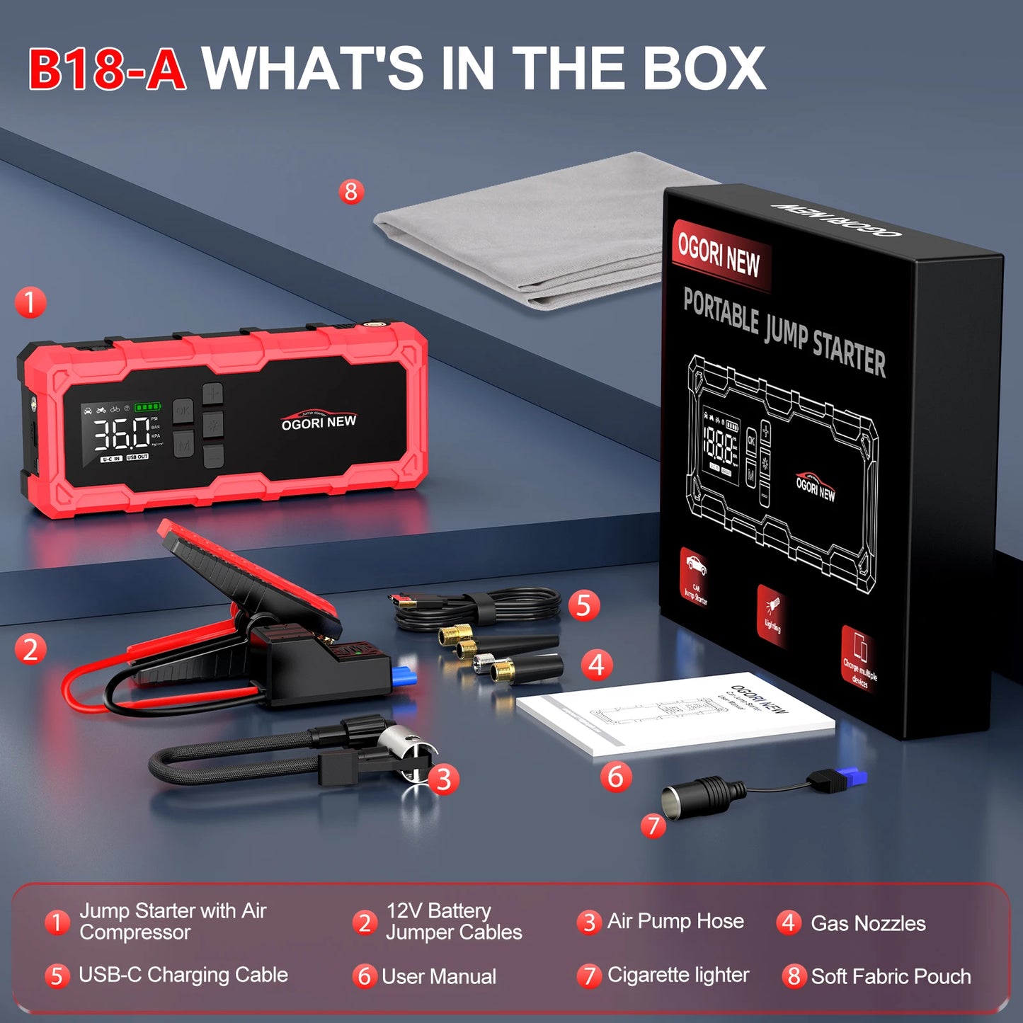 Jump Starter with Air Compressor 150PSI, 7000/8000A Portable Car Battery Booster (All Gas/16L Diesel)