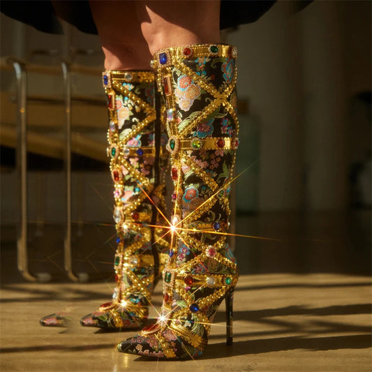 Eilyken Ins Style Runway Gemstone Crystal Stilettos Heels Women Knee-High Boots Zip Sexy Pointed Toe Stripper Botas De Mujer