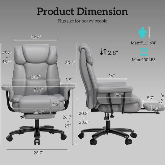 Criss Cross Chair with Wheels, 160°Big and Tall Reclining Office Desk Chair with High Back, Wide Seat, Arms, Footrest, Grey