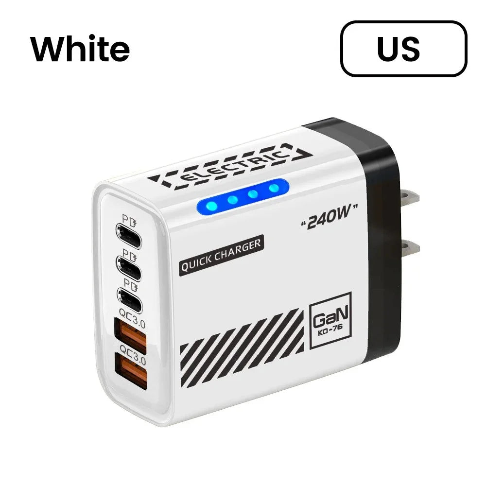 240W GaN Fast Charger 5 Ports 3USB C 2USB QC3.0 Quick Charge Plug Travel Wall Charger for iPhone Samsung Xiaomi Tablet EU/US/UK