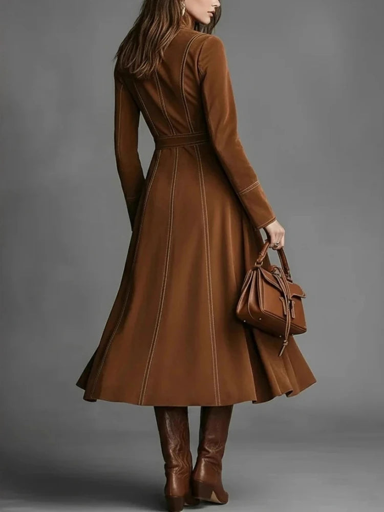 Elegant Retro Solid Suede Dresses Woman Stand Collar Zipper Slim A-line Dress Long Sleeve Lace Up Pocket High Street Midi Dress