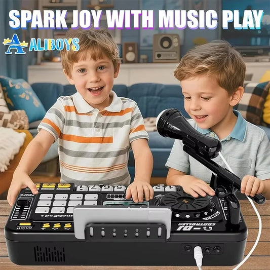 Kid DJ Mixer with Microphone Electronic Piano Keyboard Bluetooth DJ Turntable Controller Musical Instrument Kid Christmas Gift