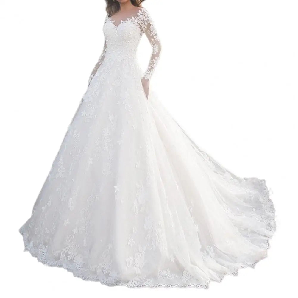 Detail Lace Cocktail Party Dress Floral Embroidere Maxi Dress Women Wedding Bride Dress Lace Long Sleeve Back Zipper Lace