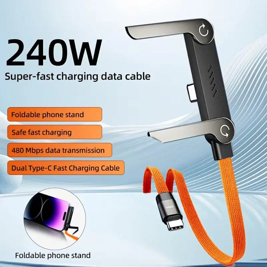 240W Quick Charging Type-C Elbow Cables with Invisible Phone Kickstand Nylon Braided USB C To C Cord for IPhone Samsung Xiaomi