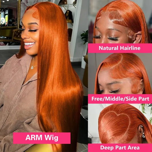 Ginger Human Hair Wig Bone Straight Ginger Orange Lace Front Wig Human Hair Transparent Lace #350 Colored Wig With Baby Hair
