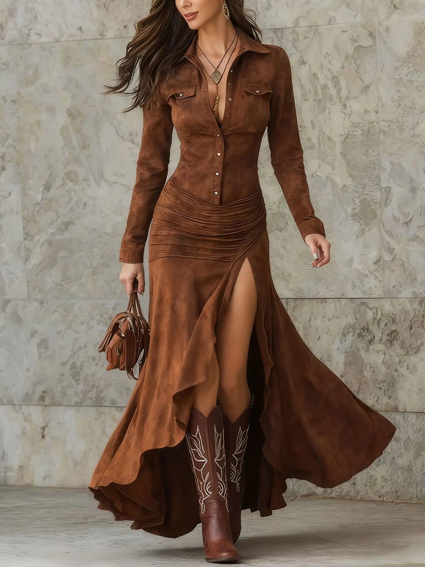 Lapel Long Sleeve Suede Party Dress Elegant Split Solid Slim Single-breasted Long Dress Women Fashion Pocket Ruffles Maxi Dress