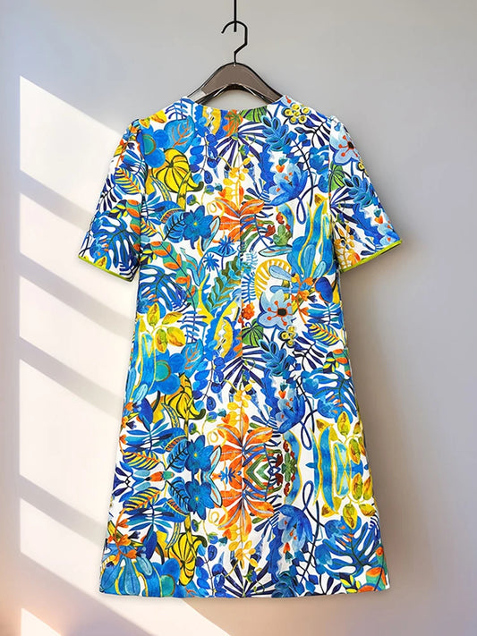 2026 Printed Beaded Dress Women Short Sleeve O Neck a Line Dress Elegant Fashion Summer Ladies Casual Party Midi Dress