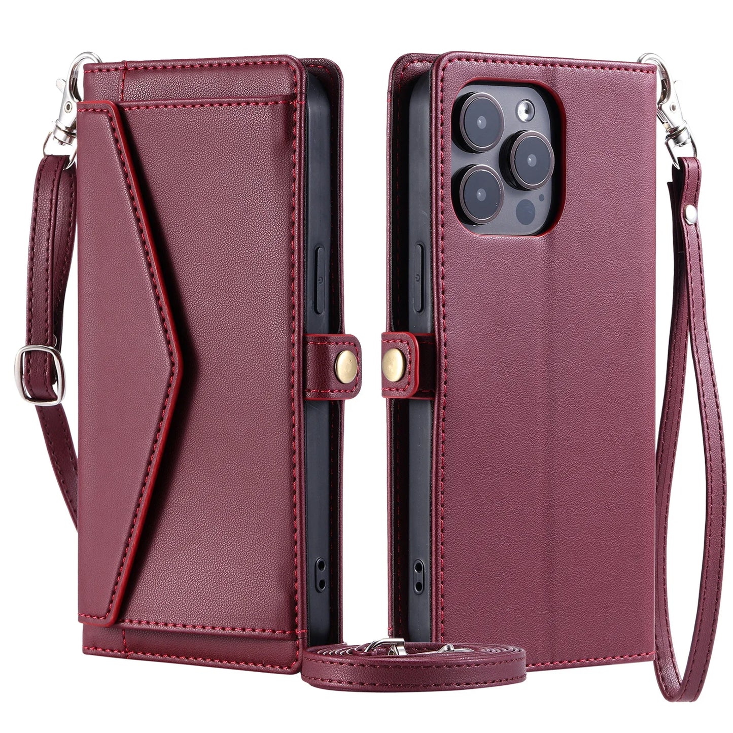Crossbody Leather Wallet Case For iPhone17 16 Pro Air 16E 15 14 13 12 11 Pro Max XS XR SE 8 7 Card Solt Pocket Shoulder Cover