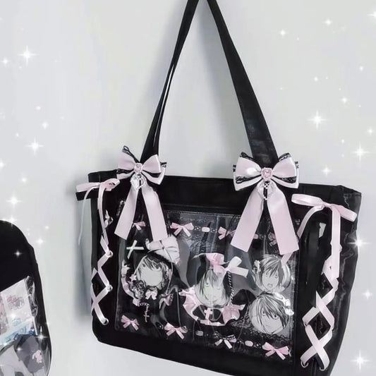 New Ribbon Cute Handbag for Women Large Capacity Transparent DIY Badge One-shoulder Tote Bag Japanese Sweet Girl Ulzzang Ita Bag