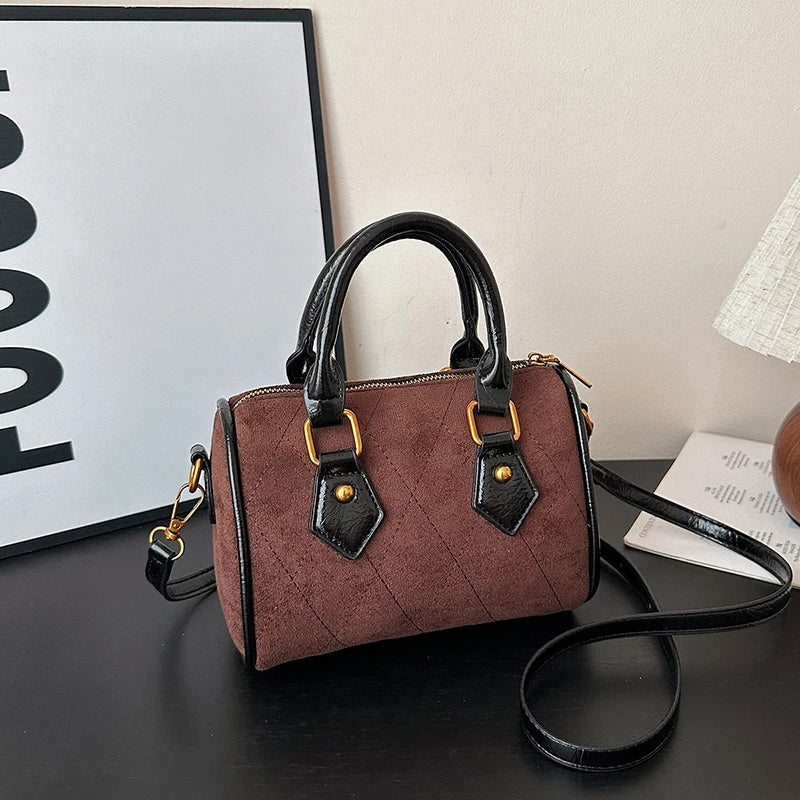 Vintage Brown PU Leather Boston Bag Women's Lightweight Small Crossbody Bag Luxury Designer Handbag Shoulder Bags for Phone