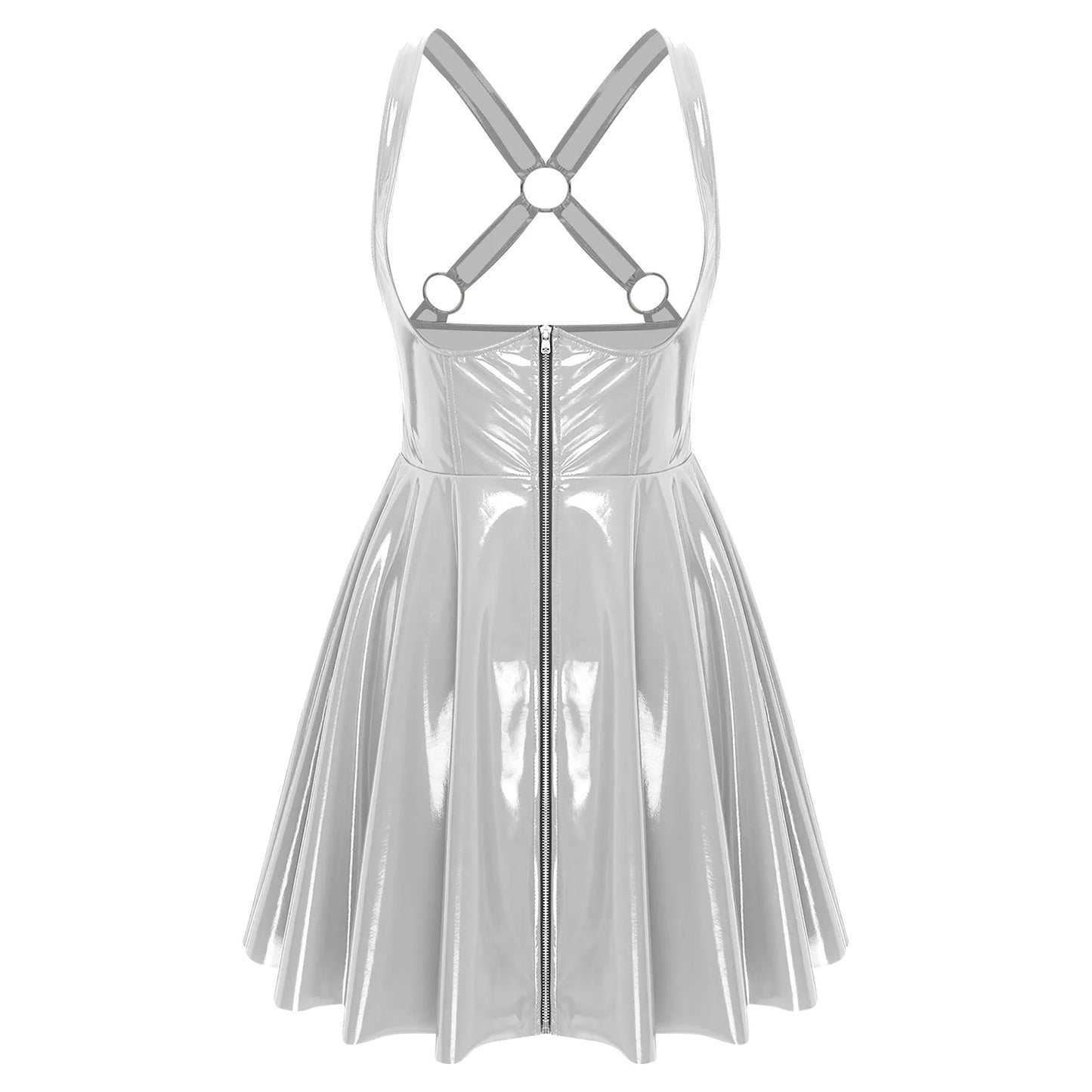 Gothic Punk Women Wet Look Latex Leather Dress Sleeveless Front Cut Out Cups Bodycons Dress Sexy Raves Party Nightclub Clubwear