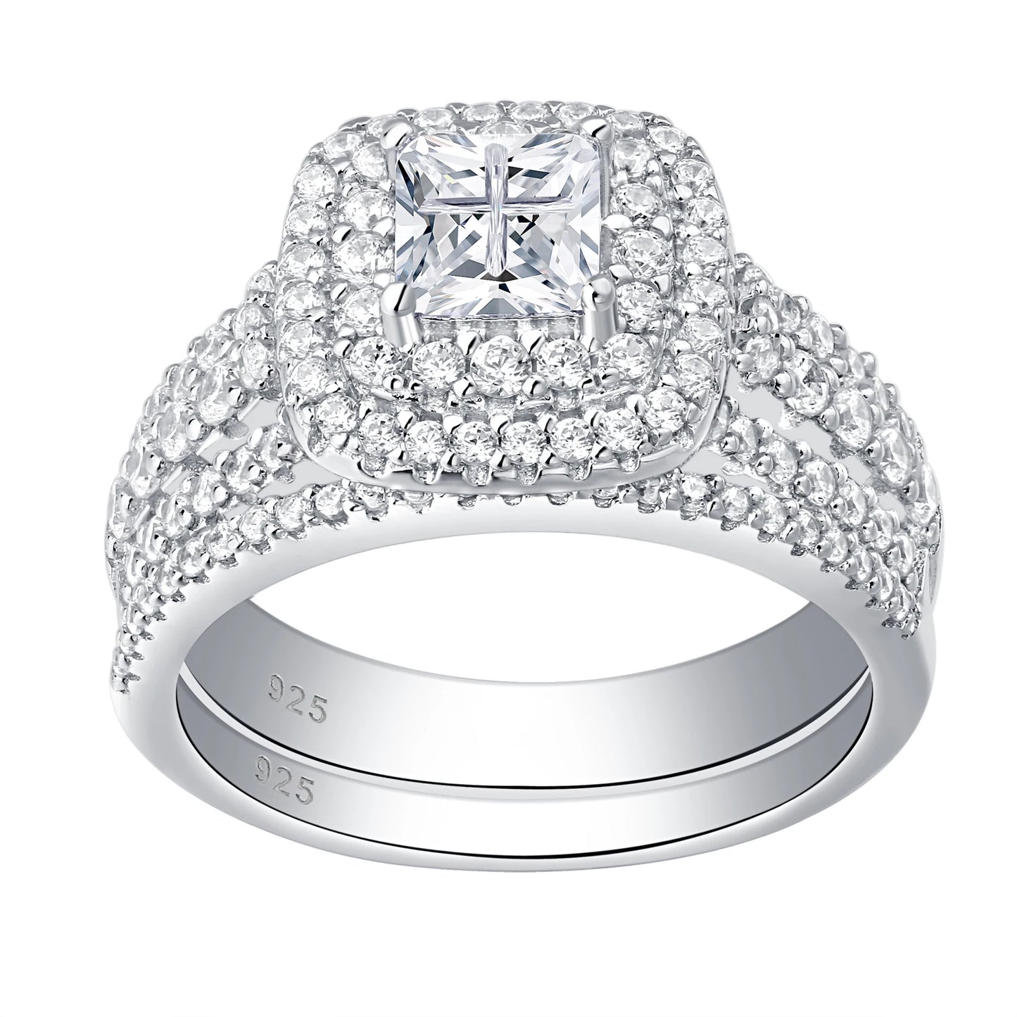 Newshe Luxury 925 Sterling Silver Halo Wedding Ring Set for Women Elegant Yellow Gold Plated Princess Simulated Diamond Rings