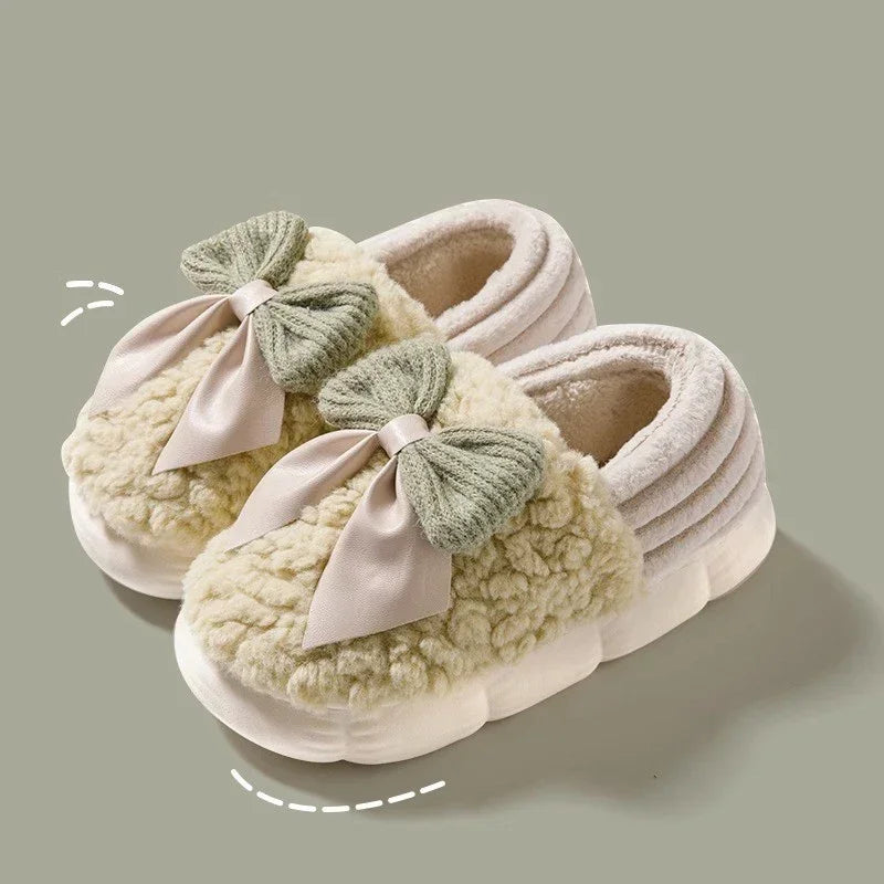 Thick Soled Non Slip Home Plush Slippers 2025 New Cotton Slippers for Women Bow Slippers for Autumn and Winter Warm for Women