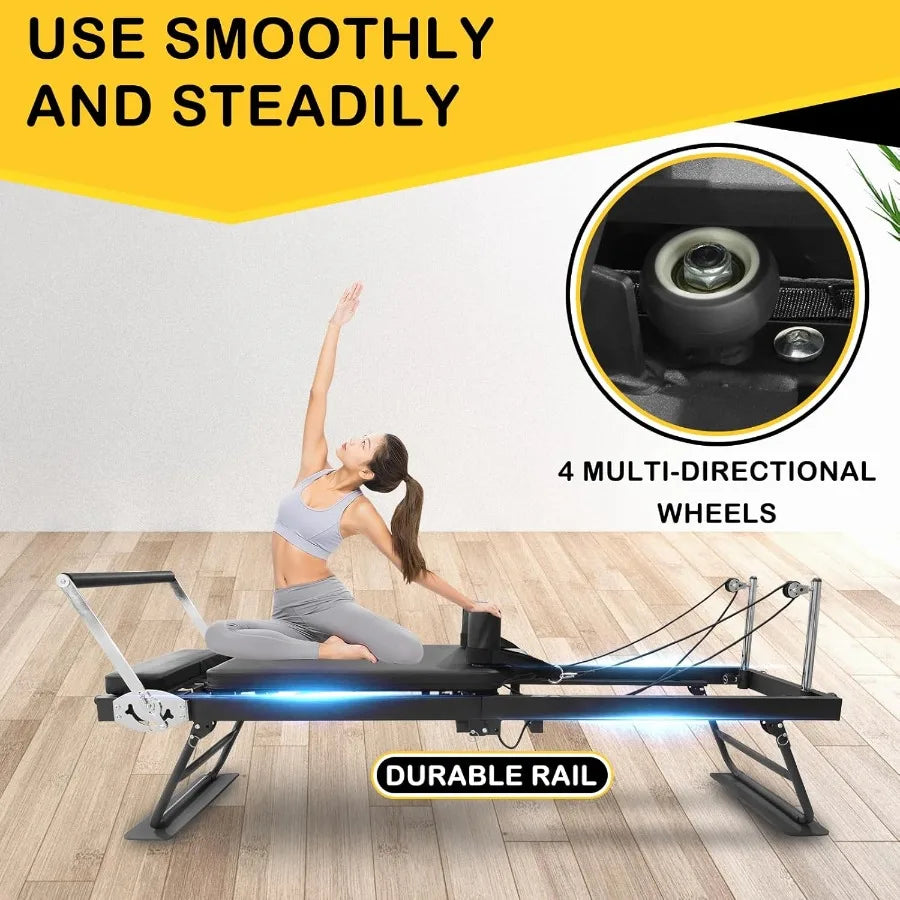 Heavy Duty Foldable Pilates Reformer Machine with Resistance Cords and Wheels for Home and Gym Use Ideal for Comprehensive Full