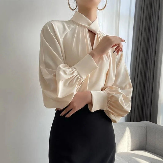 Office Lady Hollow Out Loose Shirt Tops Spring Autumn New Long Sleeve Elegant Solid Blouse Temperament Fashion Women Clothing