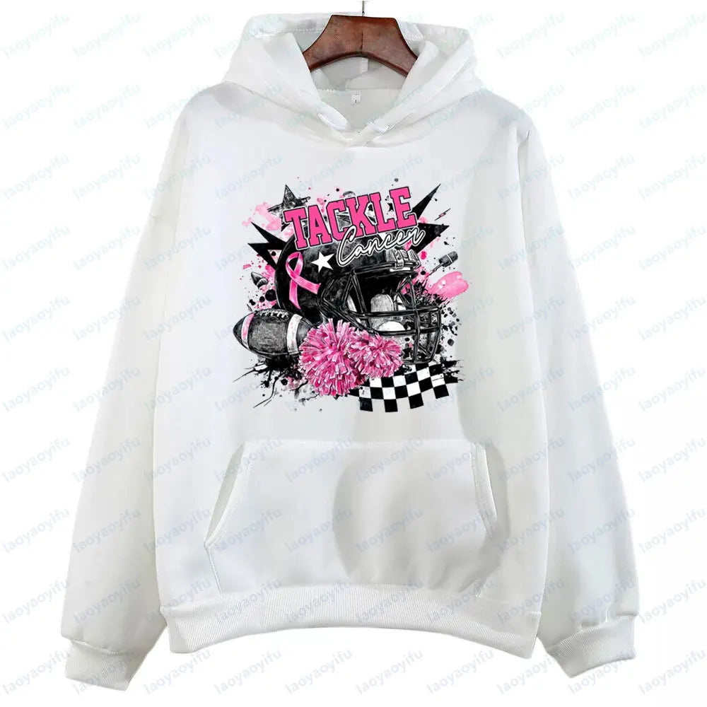Football Tackle Cancer Sportswear Breast Cancer Awareness Tops Pink Out Cancer Preppy Game Day Clothing Pink Ribbon Women Hoodie