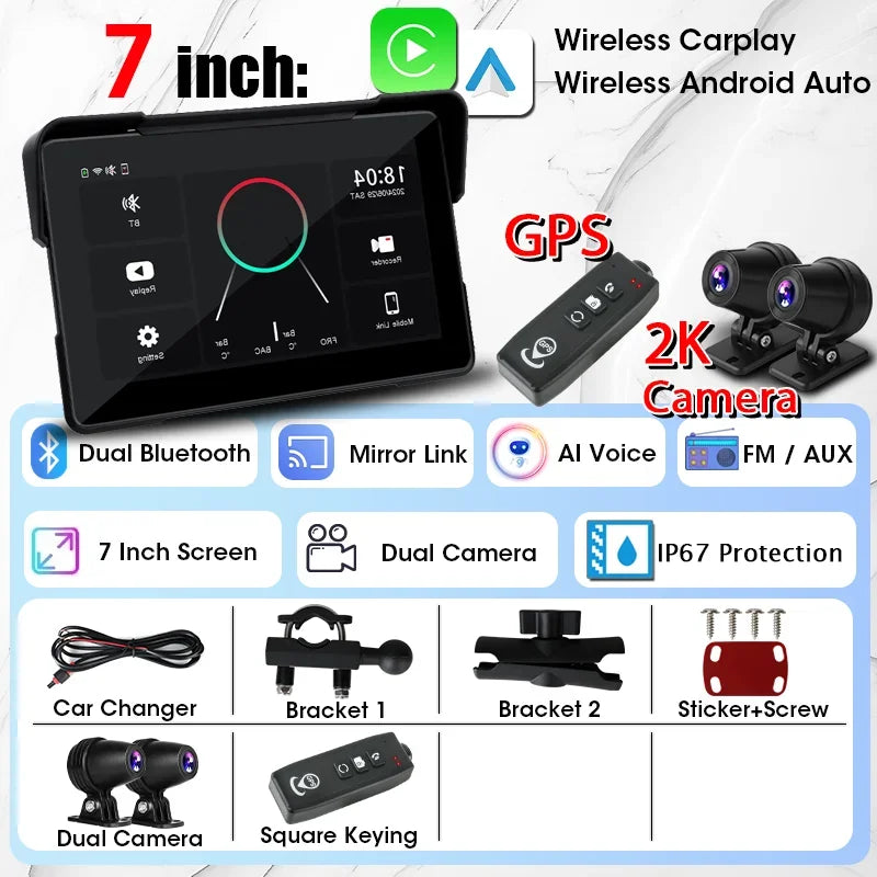 Jansite 7 inch 2K Motorcycle Upgrade Module DVR Navigation GPS Wireless CarPlay Waterproof IPX7 TPMS Portable Smart Display Cam