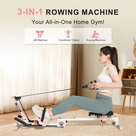 3 in 1 Adjustable AB Machine for Stomach Workout with 3 Heights Foldable Rowing Machine for Home Gym with Comfortable seat LCD