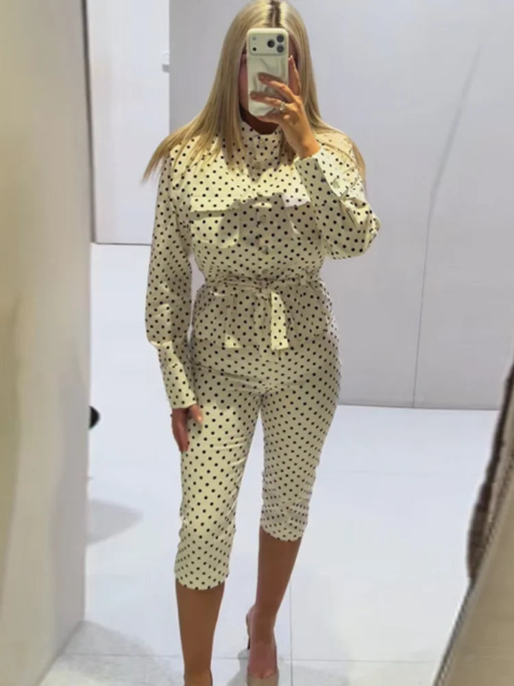 Fashion Polka Dot Cropped Pants Set For Women Y2K Stand Collar Lace Up Jacket High Waist Capri Pants Lady Street 2 Pieces Outfit