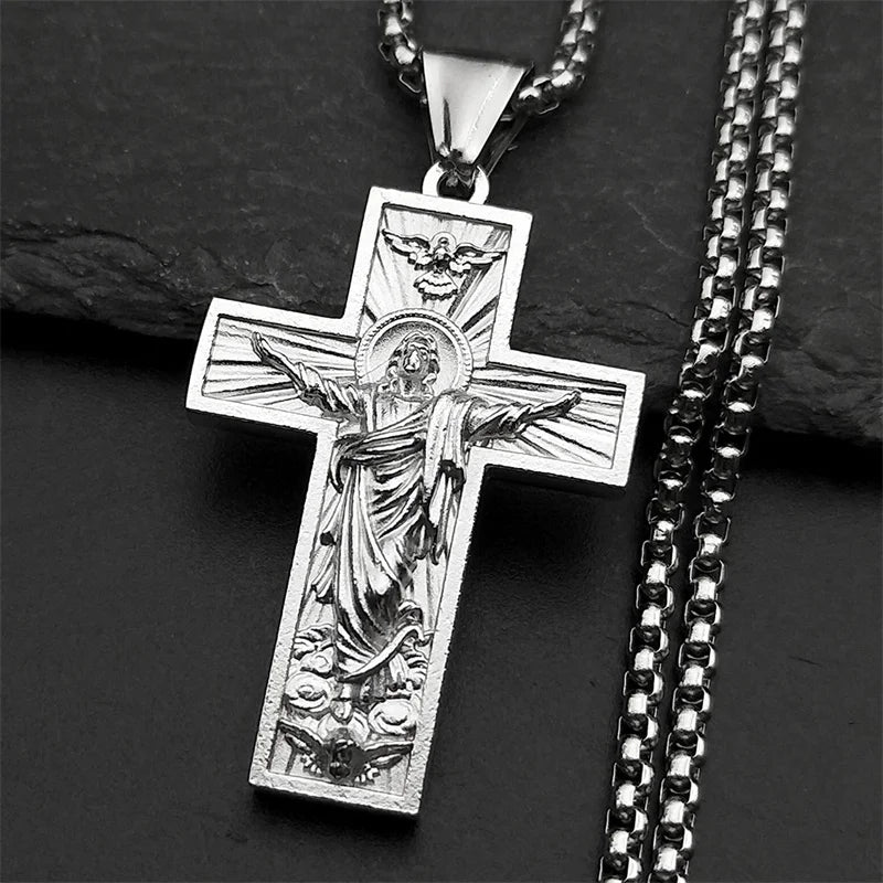 Stainless Steel Cross Jesus Pendant Necklace for Women Men Gold Color Chain Religious Crucifix Necklaces Amulet Jewelry Gift