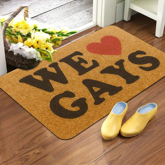 We Love Gays Pride Text Doormat, Colorful Heart Non-Slip Entryway Rug, Durable Washable Floor Mat for Home and Patio Decor