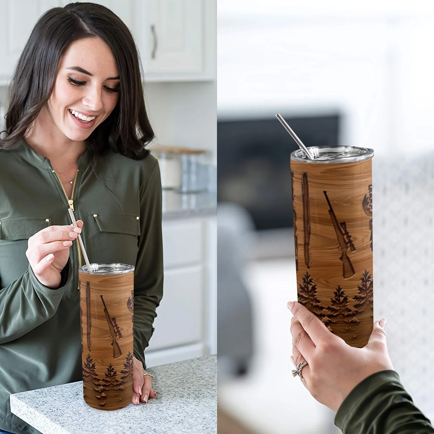 20oz Deer Hunting 3D Print Insulated Skinny Tumbler with Straw and Lid | 304 Stainless Steel Travel Coffee Cup | Festival Gift f