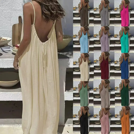Dress, European & American Vacation Vibe, Ice Silk Wrinkle Cool Feeling, 2026 Summer Solid Color Ruched Backless Slip Short Dres
