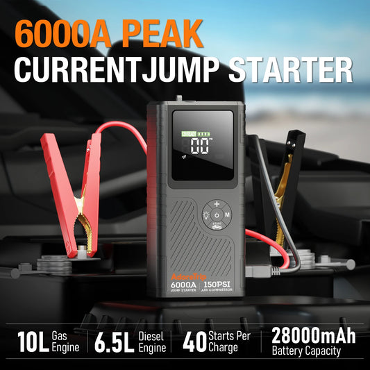 AdoreTrip 6000A Car Jump Starter With Air Compressor Up to 150PSI,Portable Power Bank,Battery Jump Starter WIth Smart Display