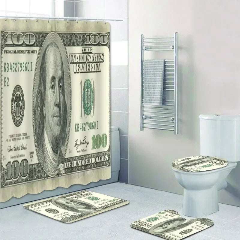 US Dollar Bill Banknotes Bathroom Shower Curtain Set for Money Currency Notes Bath Mat Rug Toilet Carpet Home Decor