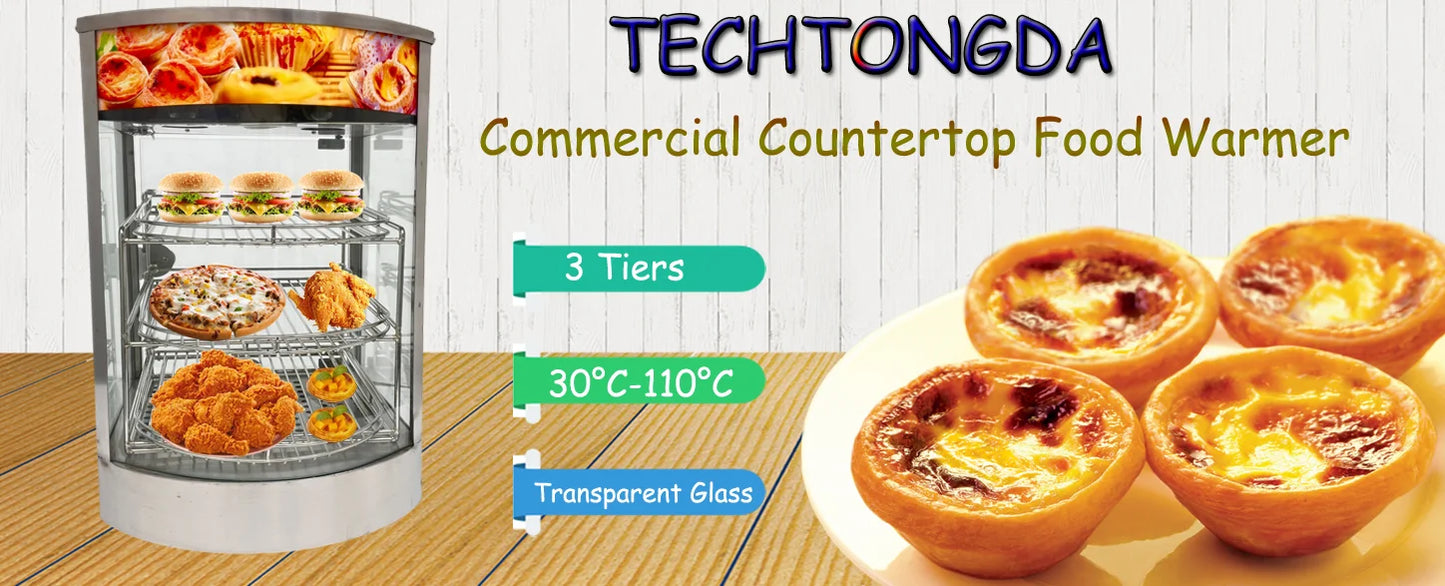 Commercial Food Warmer 3 Tier Countertop Food Display Case, 110V 850W Stainless Steel Pizza Warmer with Temperature Display