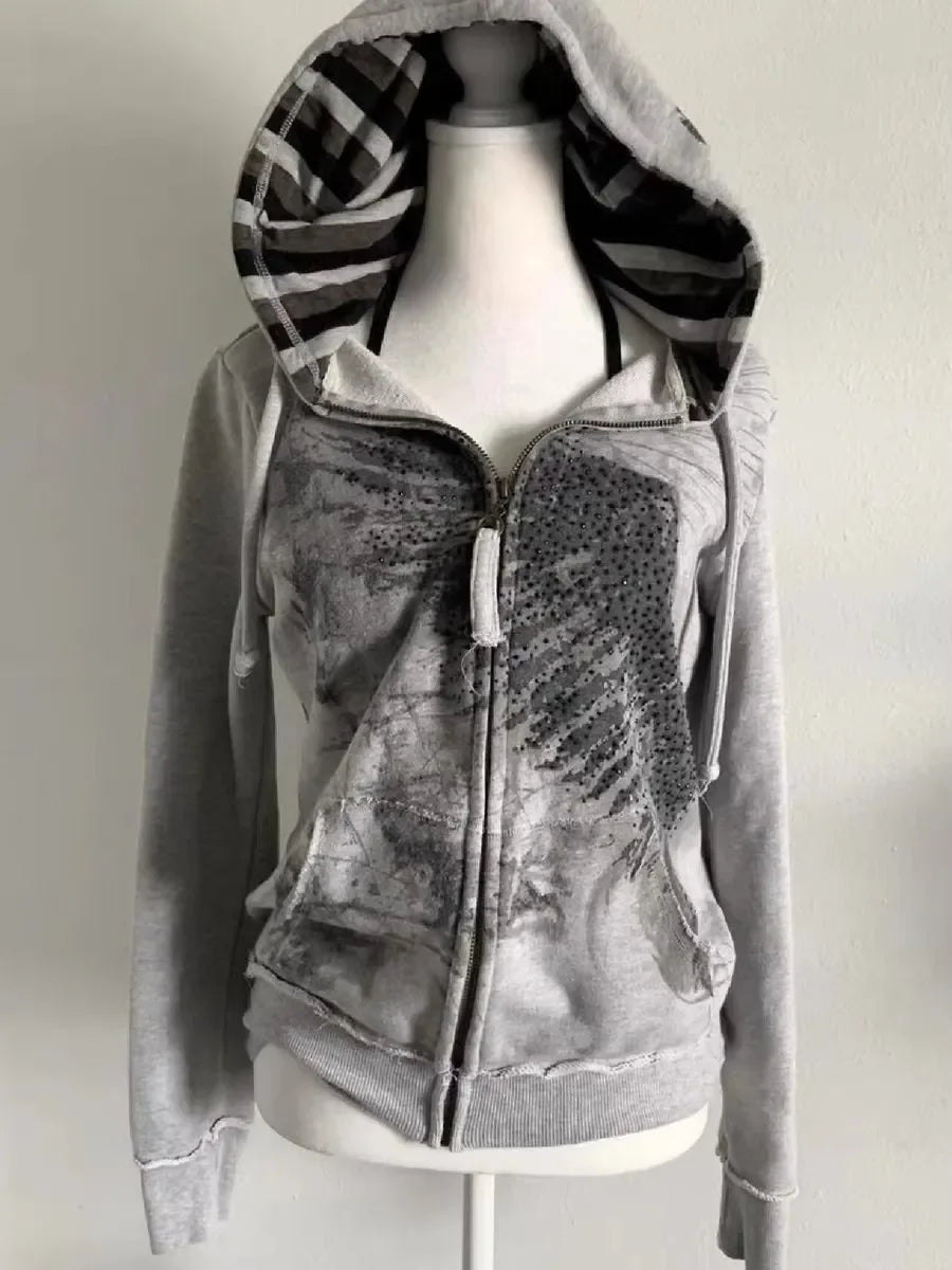 American street hot girl retro print black classic zipper hoodie women's y2k hip-hop trend temperament slim design jacket