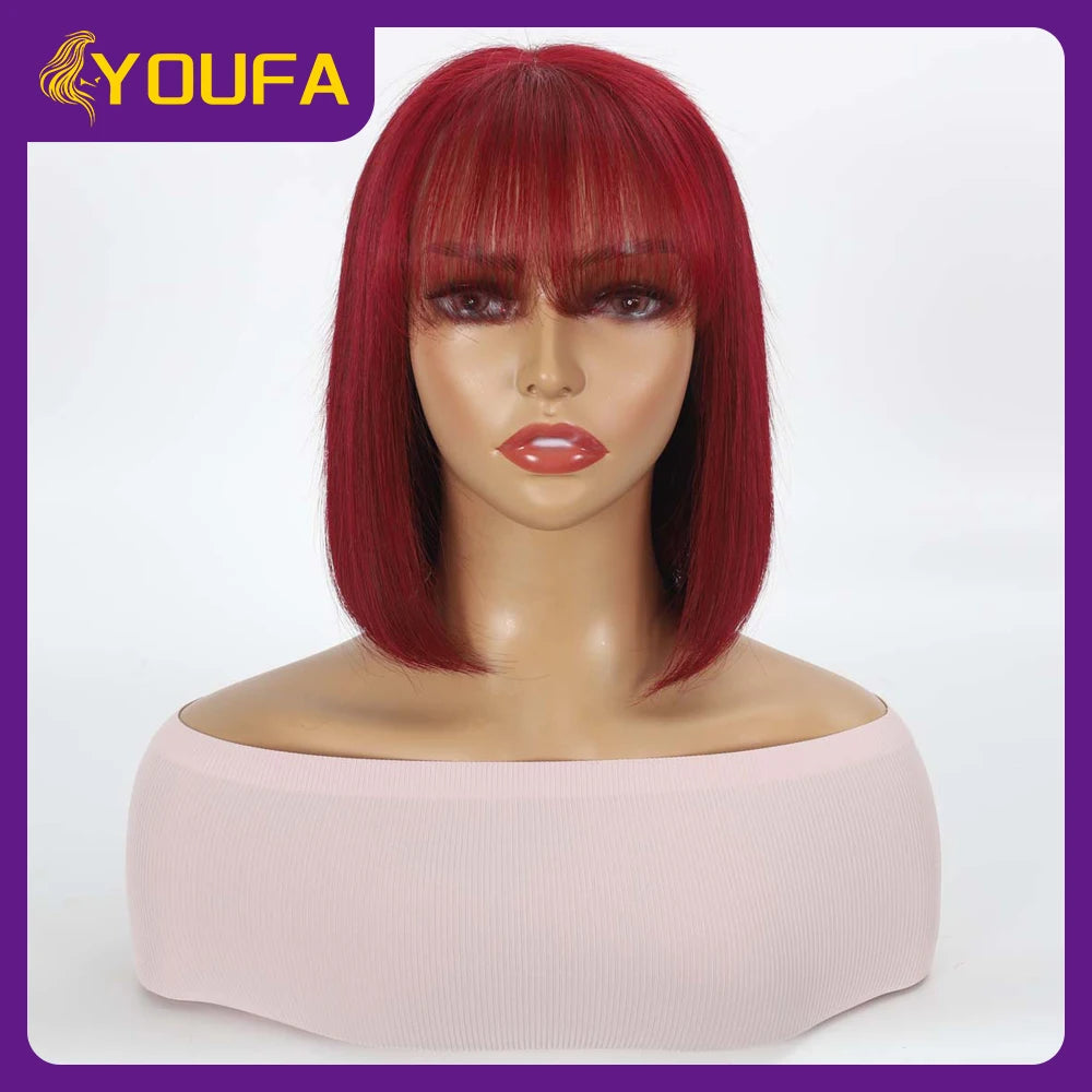 Burgundy 13x4 Lace Front Wigs With Bangs New Style 100% Brazilian Straight Human Hair Wigs Transparent Lace Frontal Bang Wigs