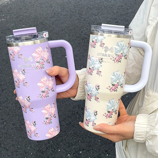 1pc 900ml Floral Print Stainless Steel Vacuum Insulated Tumbler with Straw, Ice Cold Retention Cup,Birthday Gift for Women