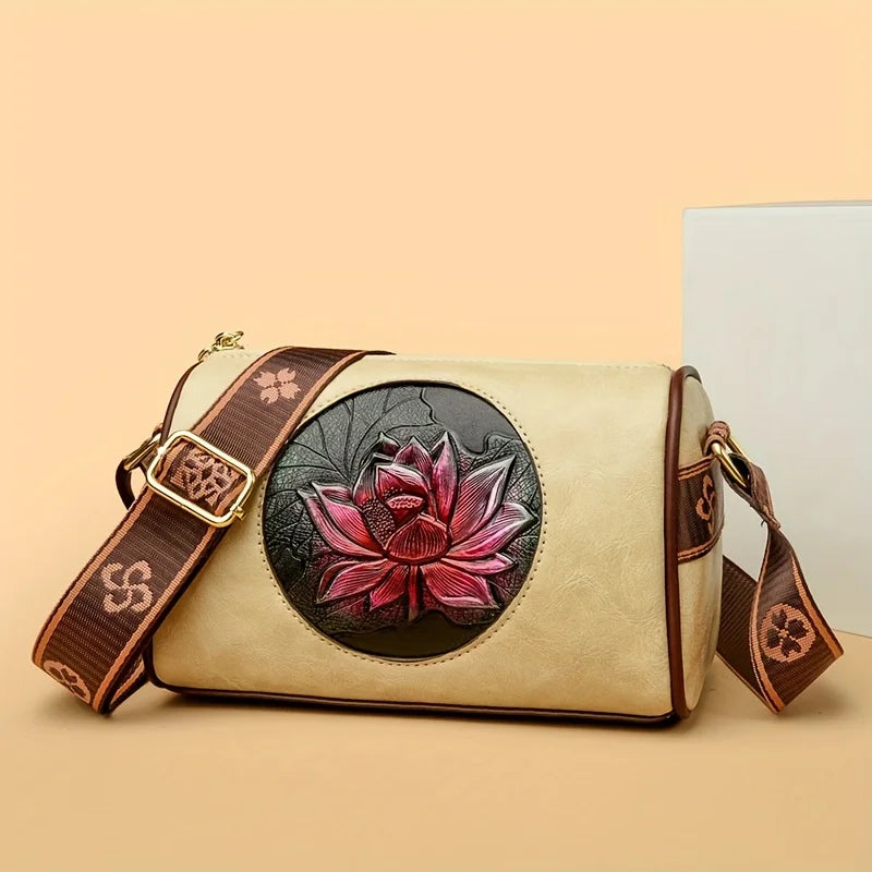 Fashionable and Trendy Women's Small Square Bag, Featuring Unique Lotus Embossing Craftsmanship, Showcasing Elegance and Individuality, with a Wide Shoulder Strap Design for an Ultimate Comfortable Experience. Versatile Shoul