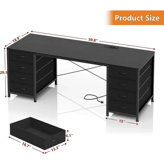 60 Inch Desk with 8 Drawers: Home Office, Study, Gaming Desk with Power Outlets, Black