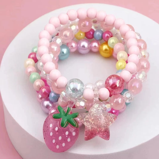5 PCS Cute Strawberry Pentagram Charm Beaded Bracelets For Girl Dopamine Colored Playful Layered Bracelet Set