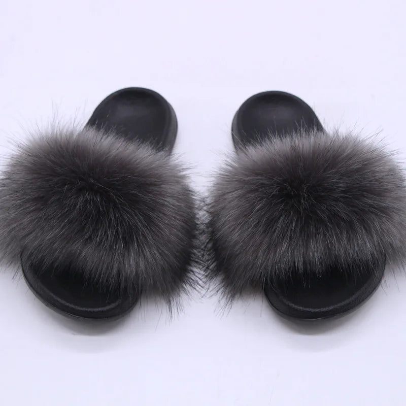 Women's Faux Fox Fur Slides Fluffy Open Toe Slippers Indoor Outdoor Casual Flat Sandals Luxury Furry Slide Shoes for Ladies