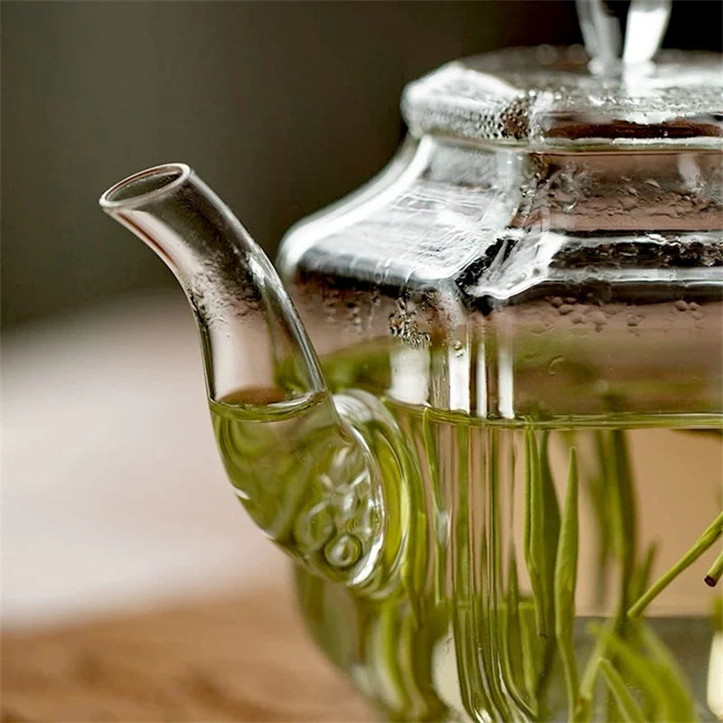 Hexagonal Imitation Jade Handle Glass Teapot Heat Resistant Small Capacity 210ml Boiling Flower Green Tea Pot Kung Fu Tea Set