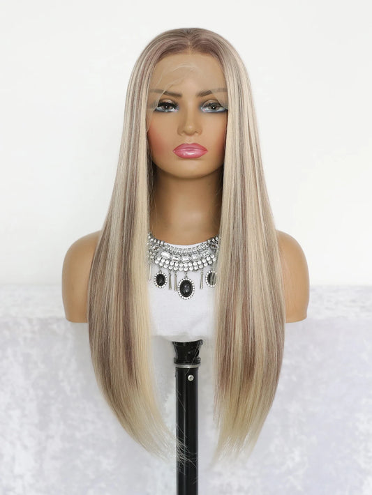 Highlight Brown Synthetic Lace Wigs for Women 13x4 Lace Front Wig Pre Plucked 24 Inch Straight Lace Frontal Wigs Blonde Daily
