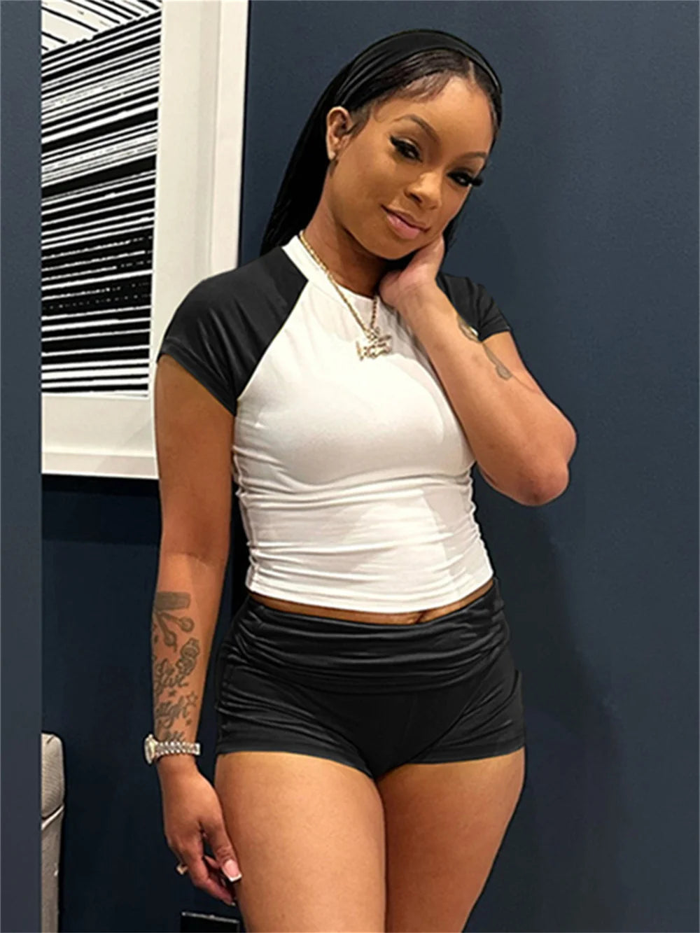 Weird Puss Sporty Patchwork 3 Piece Set Women Casual Summer Headband+Crop Top+High Waist Bike Shorts Street Matching Tracksuit