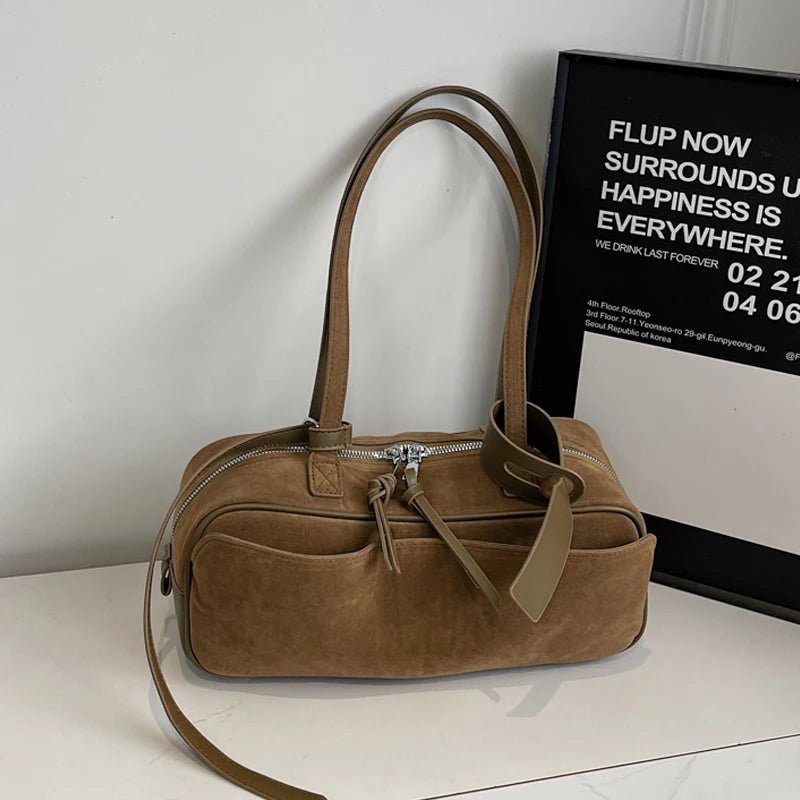 Retro Red Suede Wedding Shoulder Bag Luxury Designer Women Versatile Underarm Bags Elegant Female Large Capacity Handbags