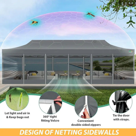 10x30 Pop Canopy with Sidewalls, Heavy Duty Canopy with Mosquito Netting, Easy up Screen Party Tents for Parties Backyard Ou