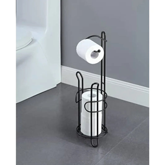 Freestanding Toilet Paper Holder with Storage Holds 3 Spare Rolls Heavy-Duty Steel Black Finish Easy Assembly Space-Saving Bath