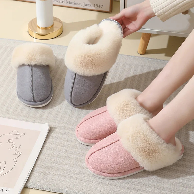 Shevalues Fashion Fur Slippers Women Fluffy Winter House Shoes Memory Foam Fuzzy Slippers Short Plush Slipper Indoor And Outdoor