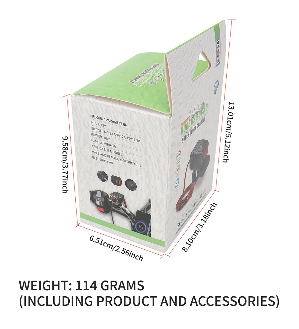 1x Motorcycle Dual USB Socket QC3.0 Fast Charger 60W Handle Style with Switch Voltmeter Waterproof 12V Power Supply Adapter Kit