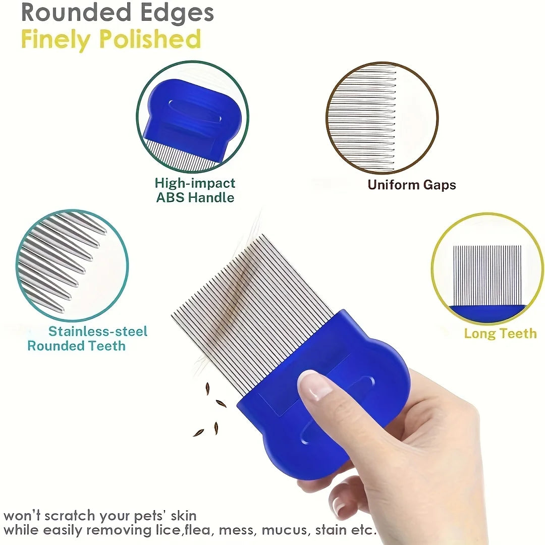 Pack of 4 Flea and Lice Combs, Stainless Steel Rabbit Dog Cat Grooming Comb with Round Teeth, Double-sided Professional Pet Tear