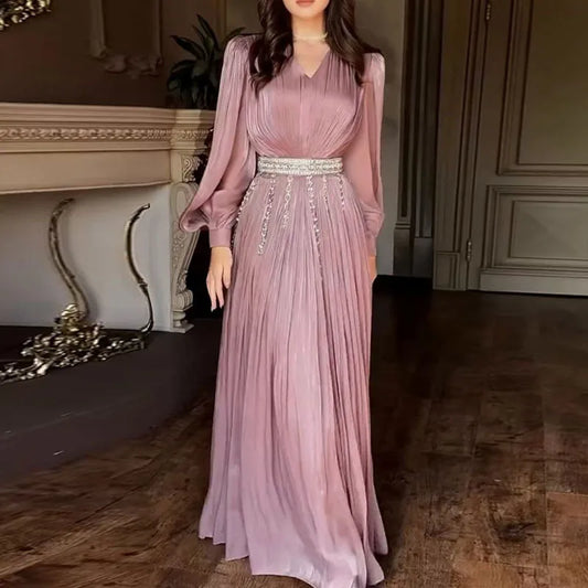 Lady Lantern Sleeve Big Hem Dresses Fashion V-neck Ruffles Gauze Evening Dress Temperament High Waist Solid Color Banquet Dress
