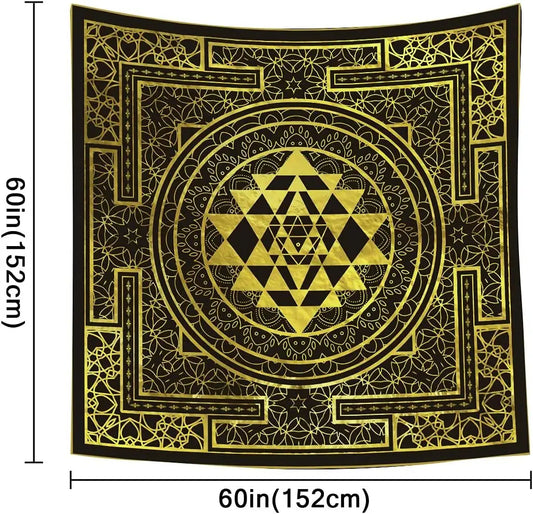 Vintage Black Gold Mandala Tapestry, Traditional Sri Yantra with Ornate Border Print Wall Hanging, Great For Yoga & Calm Space