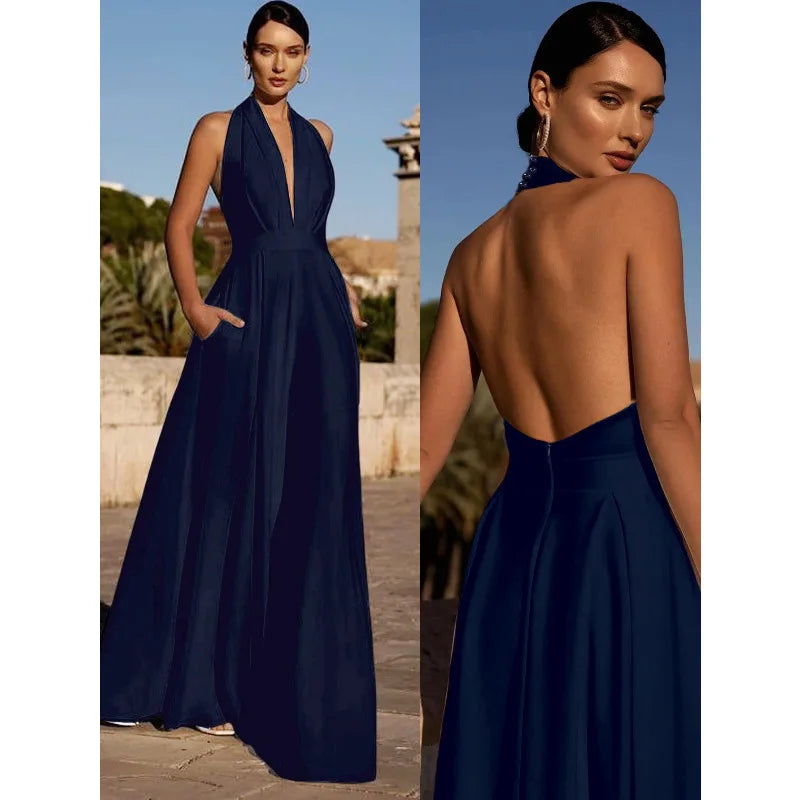Elegant Women Corset Party Jumpsuit Y2K Sexy Halter Backless Loose Wide Leg Trousers Palazzo Pants Romper Celebrity One Pieces
